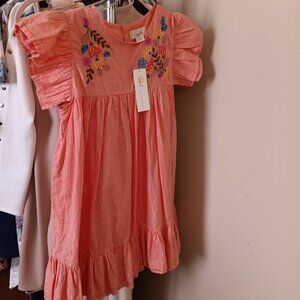 NWT PEEK Coral with Metallic Threading Embroidered Flutter Sleeve Girls Dress